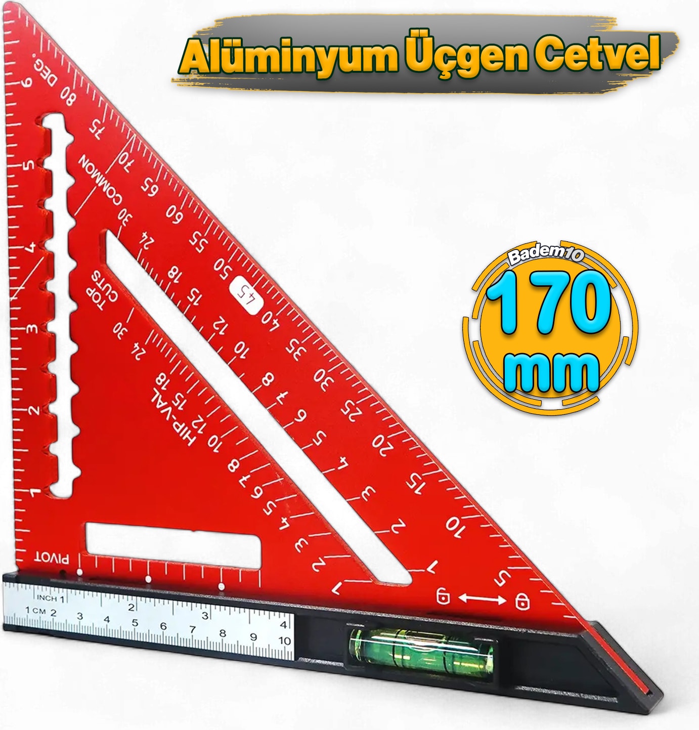 170 mm 17 cm Alüminyum Üçgen Cetvel Marangoz Gönye Metal Gövde Açılı Ölçüm Ahşap Hassas Gönye