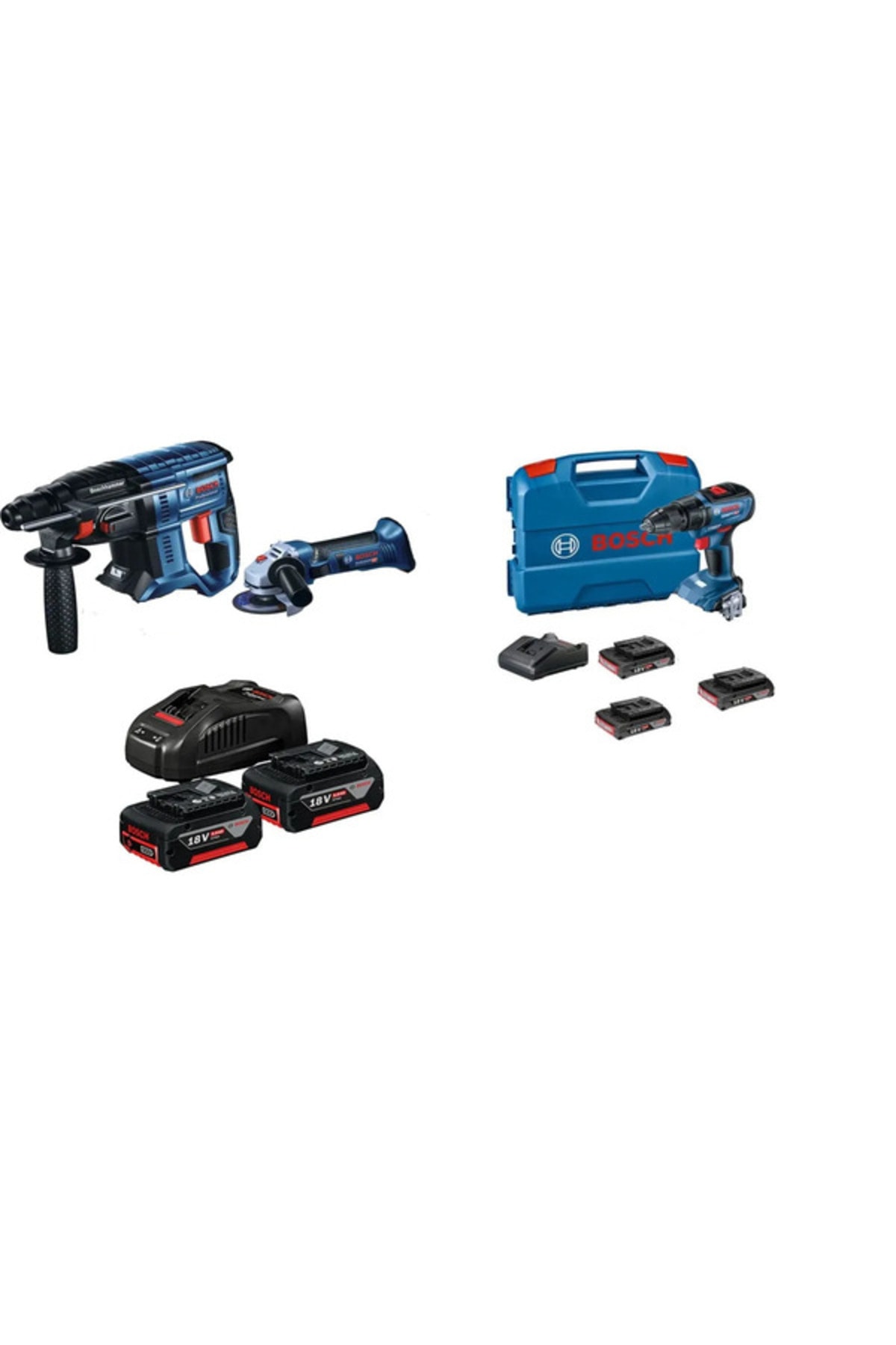 BOSCH GSR18 Vidalama+GBH180 Şarjlı KırıcıDelici+GWS180 Şarjlı Taşlama+2x5Ah+3x2Ah+2xDolum Cihz