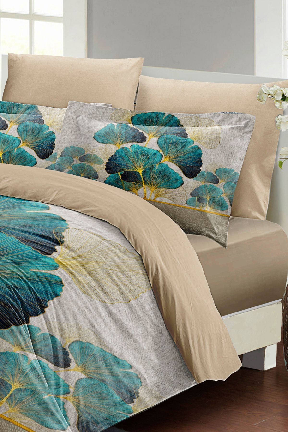 Luxury Leaves linens Çift Kişilik Pamuk Saten Nevresim Takımı