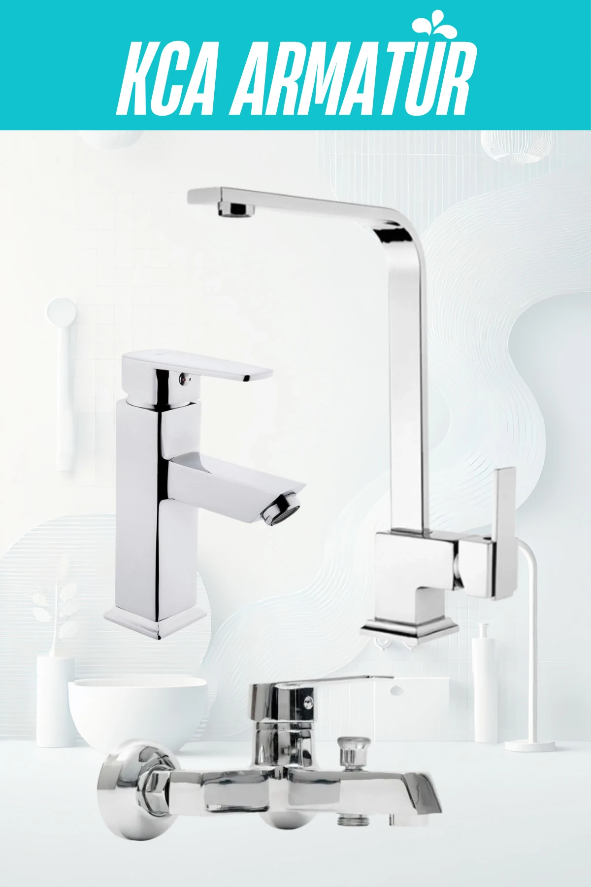 Lüx Krom Kare Mutfak Eviye , Sabit Lavabo ve Banyo Bataryası 3'lü Set