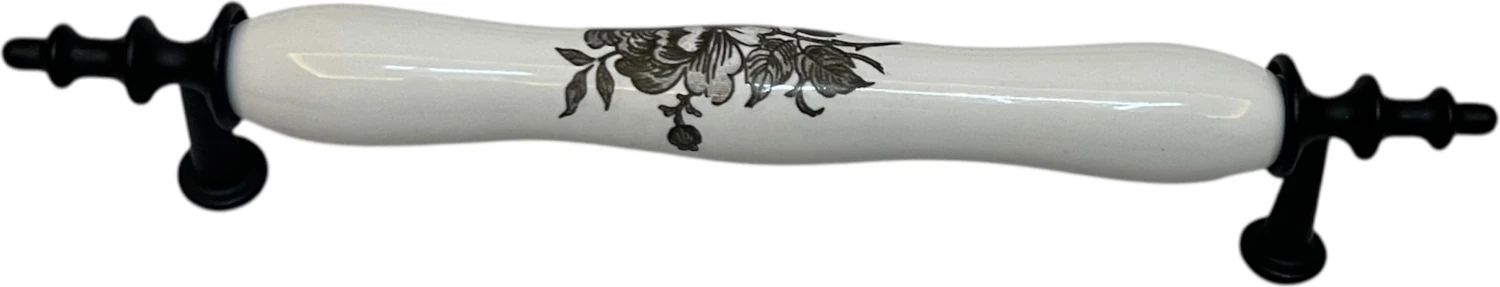 Porselen Kulp Siyah Gül Desenli 128MM(12.8CM) Ayakları Siyah Mobilya Çekmece Kapak Kulbu