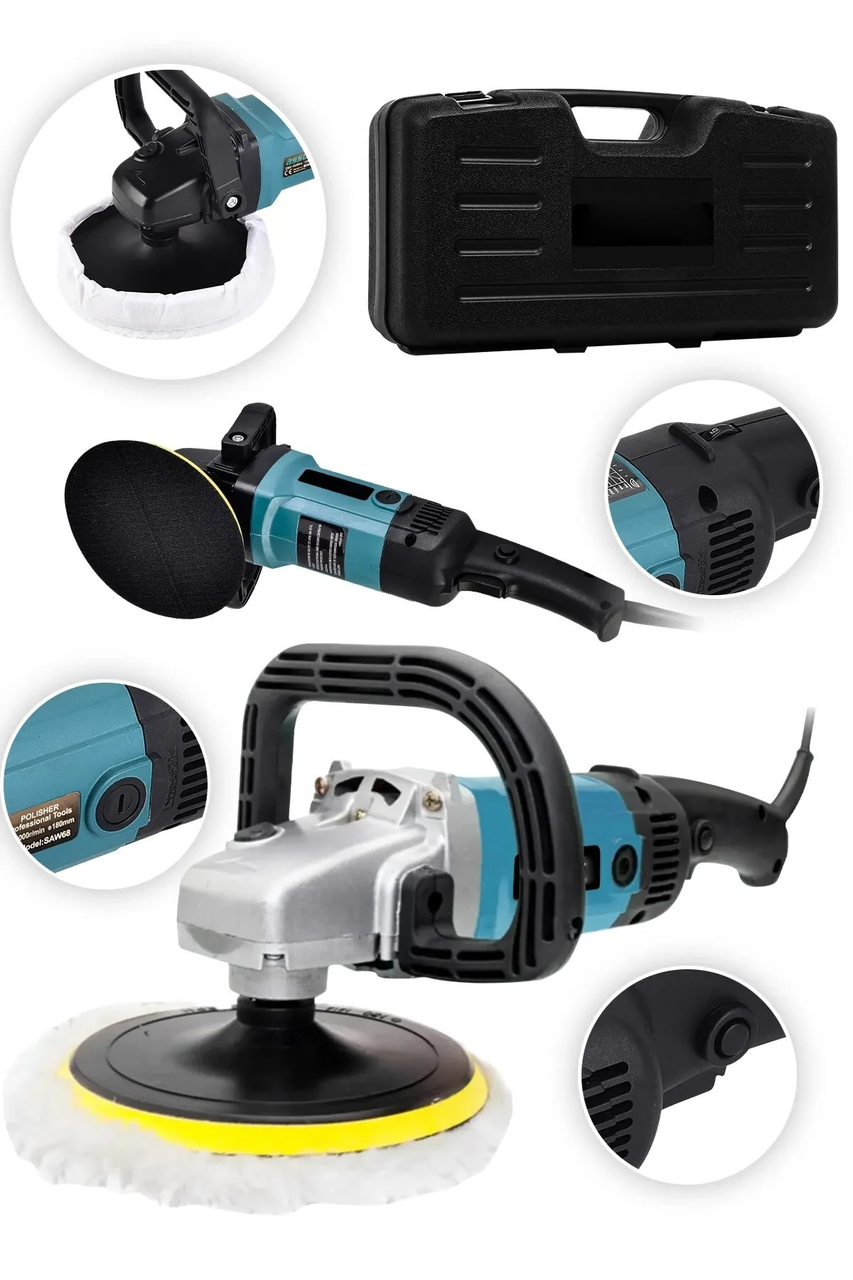 Bakır Sargı Devir Ayarlı Polisaj Makinesi 2900 Watt 180mm 6 Kademeli Pasta Cila Kiti