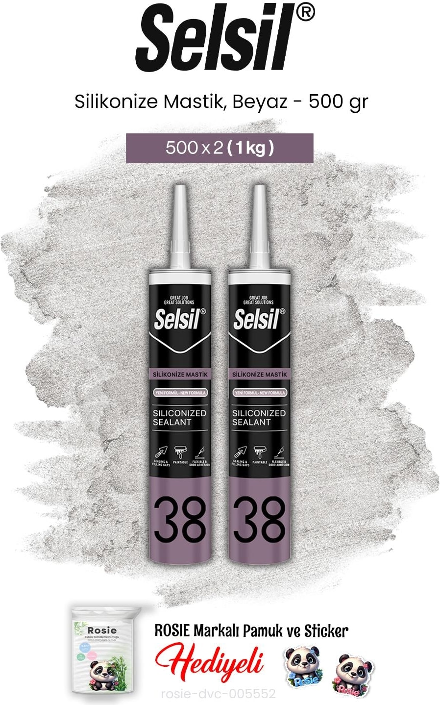Silikonize Mastik, 500 Gr, Beyaz 2 Adet ve Rosie Pamuk