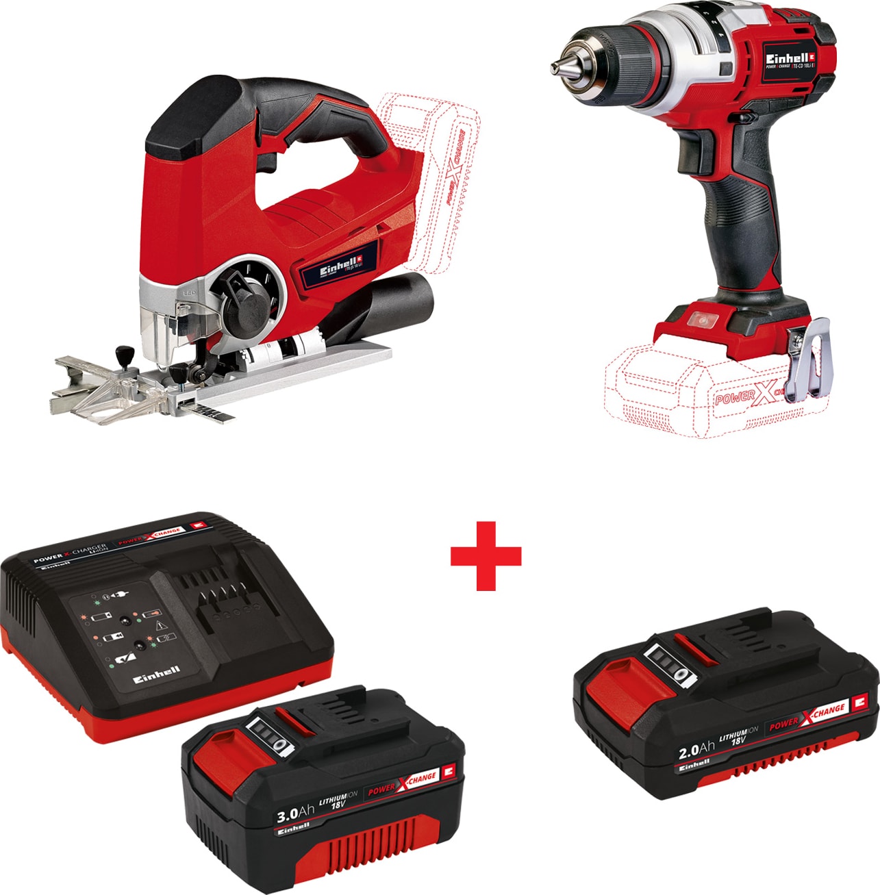 EİNHELL Combo Set-4 Te-Cd 18 Lı E Solo Akülü Vidalama+Te-Js 18 Li - Solo Akülü Dekupaj Testere+18V 3 Ah Starter-Kit Power-X-Change +18V 2,0 Ah Power-X-Change Akü