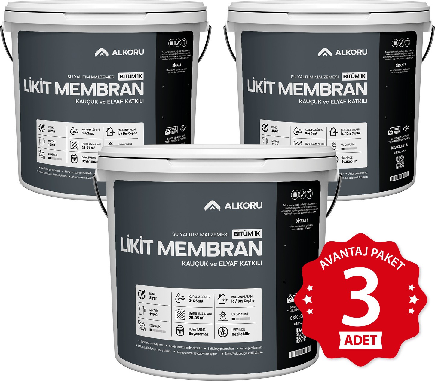 3 Adet 13 kg Bitüm 1k Likit Membran Kauçuk ve Elyaf Katkılı Sıvı Su Yalıtım Malzemesi Avantaj Paket