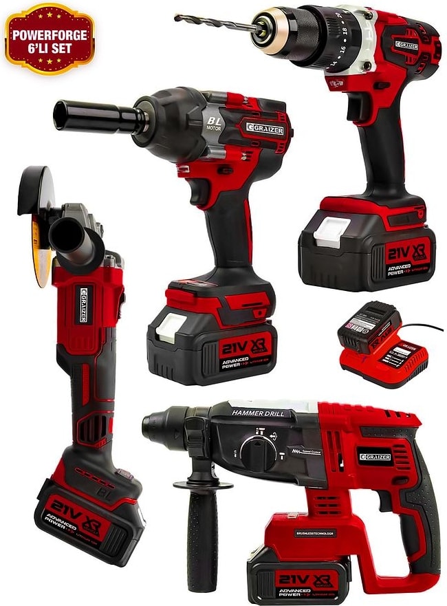 Powerforge 21V Akülü Matkap & Taşlama & Kırıcı Delici Hilti & Somun Sıkma Sökme 4'lü Set-Kırmızı