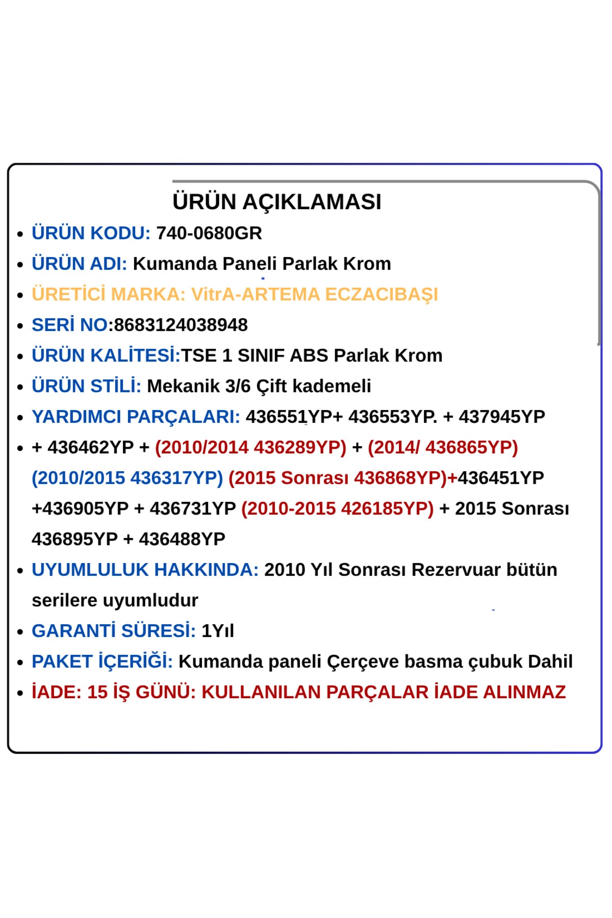 740-0680GR Kumanda Paneli Parlak Krom