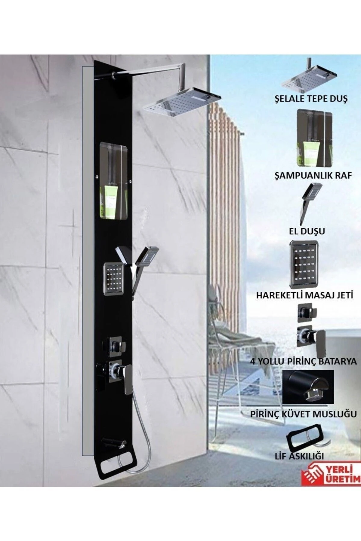 Sam Lena Siyah Duş Paneli, Duş, Robot Duş, Duş Seti, Masajlı Duş,