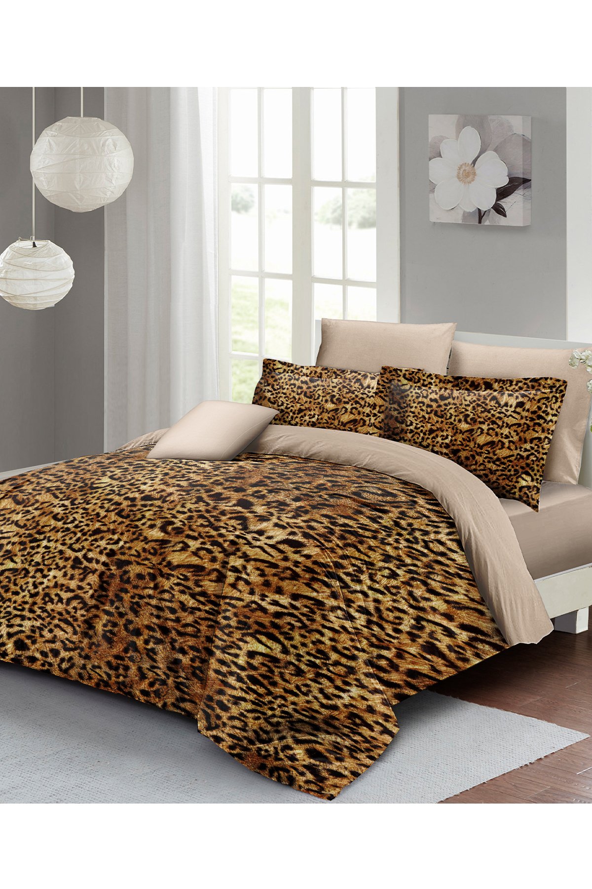 Kıng Sıze %100 Pamuk Saten Çift Kişilik Nevresim Takımı Golden Leopard 220x240cm