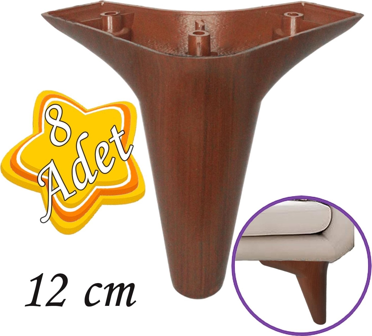 8 Adet Zelve 12 cm Ceviz Ahşap Desenli Lüx Mobilya Kanepe Sehpa Ünite Koltuk Ayağı Baza Ayak
