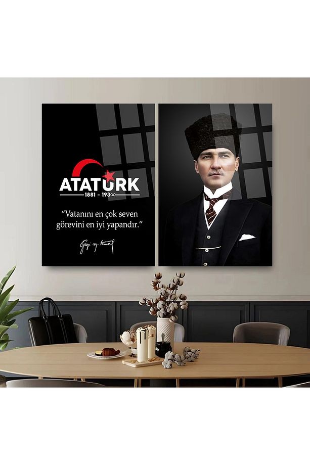 2 PARÇA ATATÜRK MAKAM ODASI CAM TABLO "Vatanını En Çok Seven Görevini En İyi Yapandır." Ofis Hediye