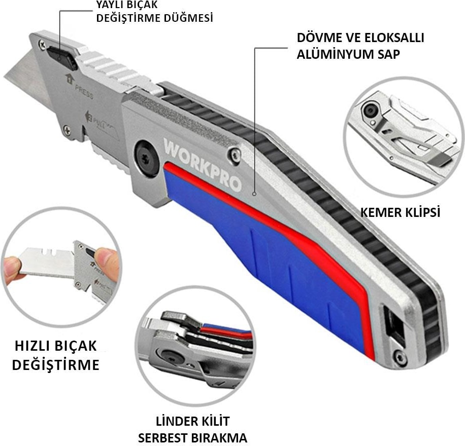 WP211012 Ağır Hizmet Alüminyum Gövde Katlanır Rötuş Maket Bıçağı + 10 Adet Yedek Bıçak