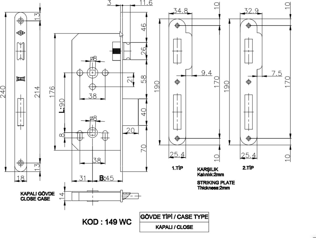 149/45  Banyo - Wc Kilidi 45 mm Rozet Delikli - Oval Krom