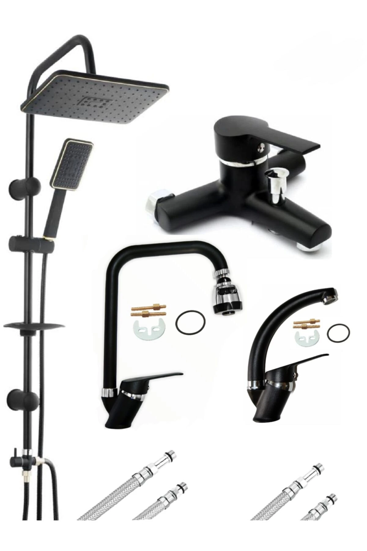 Siyah Krom Robot Duş Sistemi Banyo 2 Fonksiyonlu Mutfak Ve Lavabo Musluğu Bataryası 4’lü Set