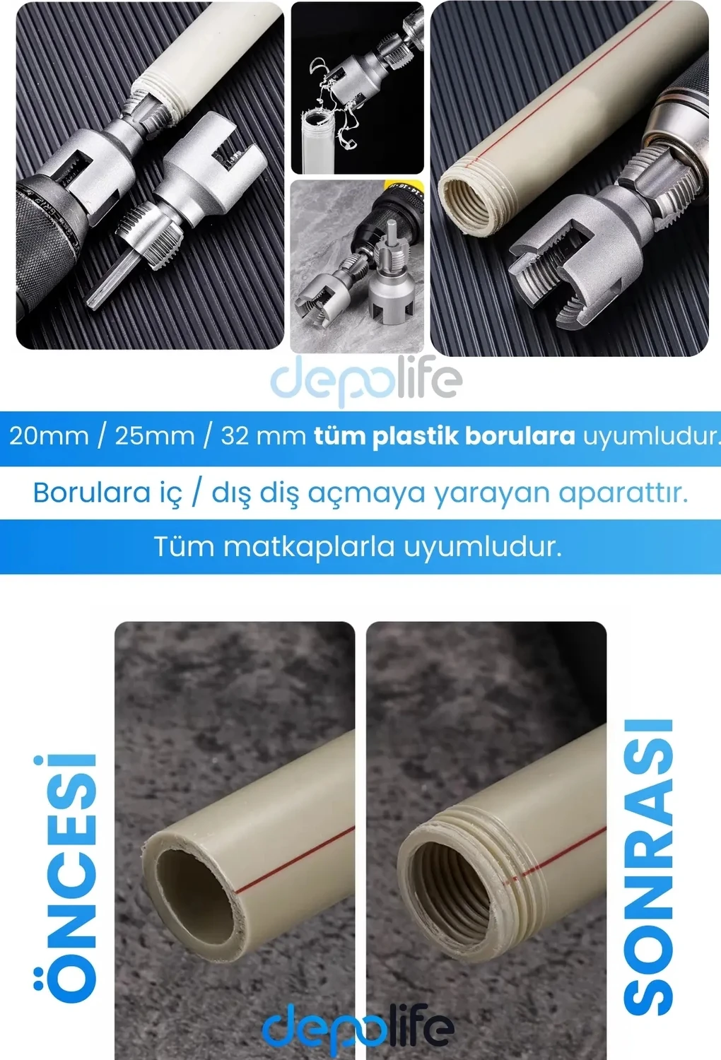 Bae Pvc 3’ Lü Set 1/2 3/4 1 Inç Iç Dış Plastik Boru Diş Açma Seti Pvc Pafta ...