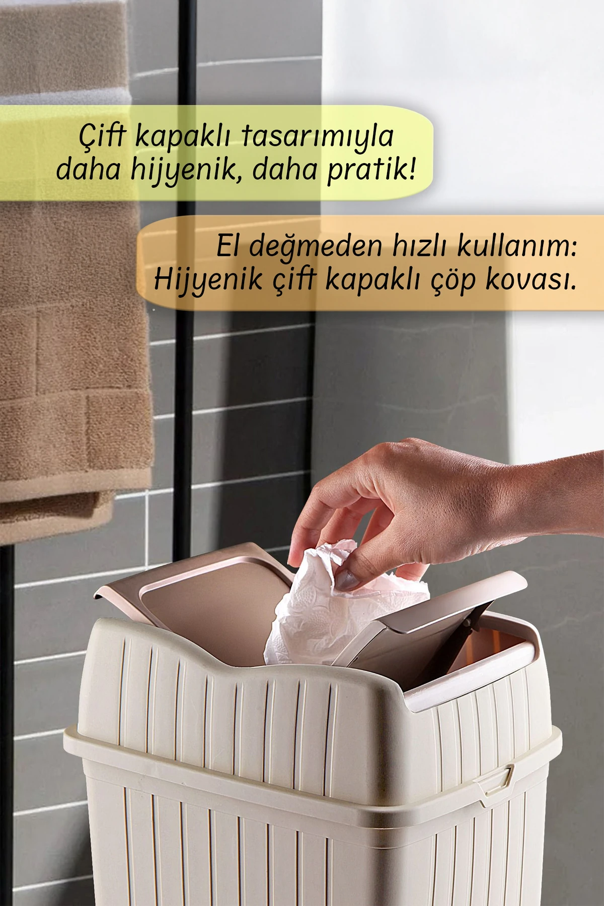 10 L - Çift Kapaklı Slim Çöp Kovası - Dekoratif Ev Ofis Banyo & Mutfak Düzenleyici Çöp Kutusu Krem