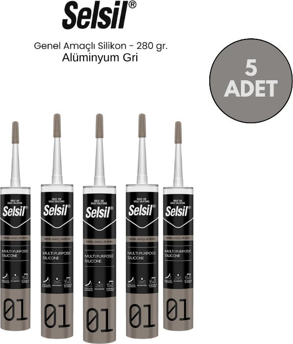 Genel Amaçlı Alüminyum Gri Silikon 280 Gr. - 5 Adet