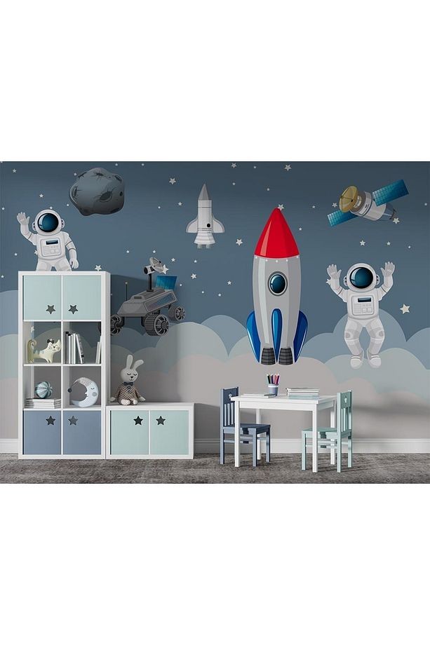 Astronotlar ve Uzay Araçları Çocuk Odası Kendinden Yapışkanlı Duvar Folyosu