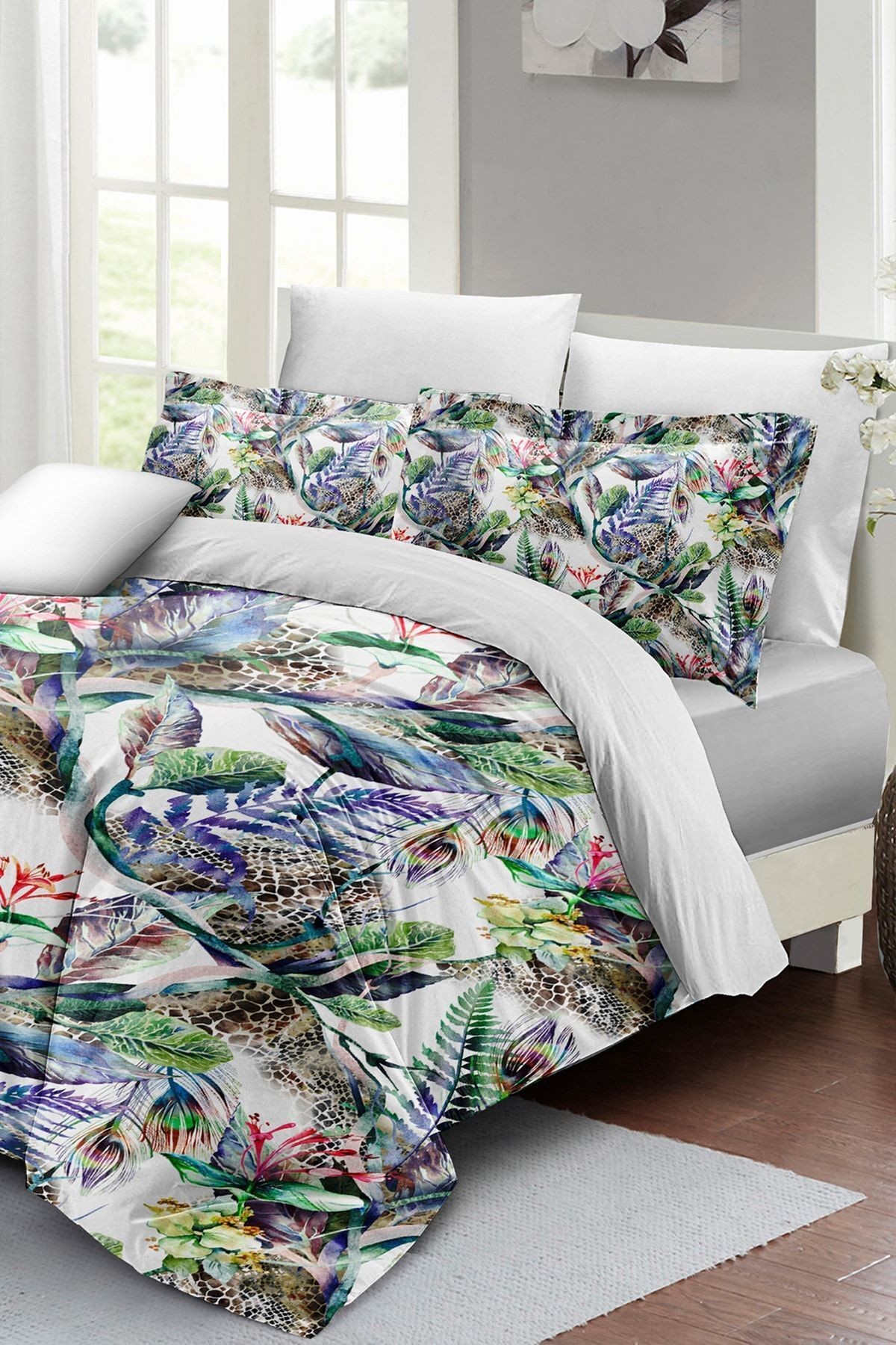 Exotic Floral Luxury Çift Kişilik Pamuk Saten Nevresim Takımı