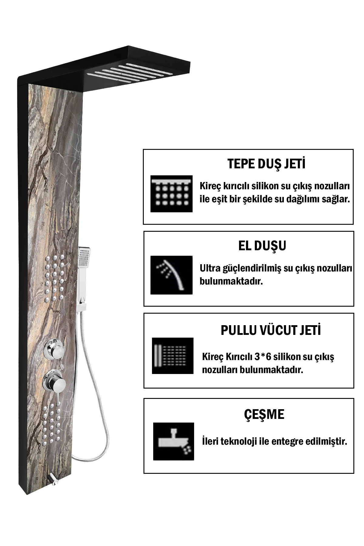 Mafsallı Victoria Mermer Desenli Masajlı Duş Paneli , Duş Seti , Duş Kolonu ,Duş Başlığı