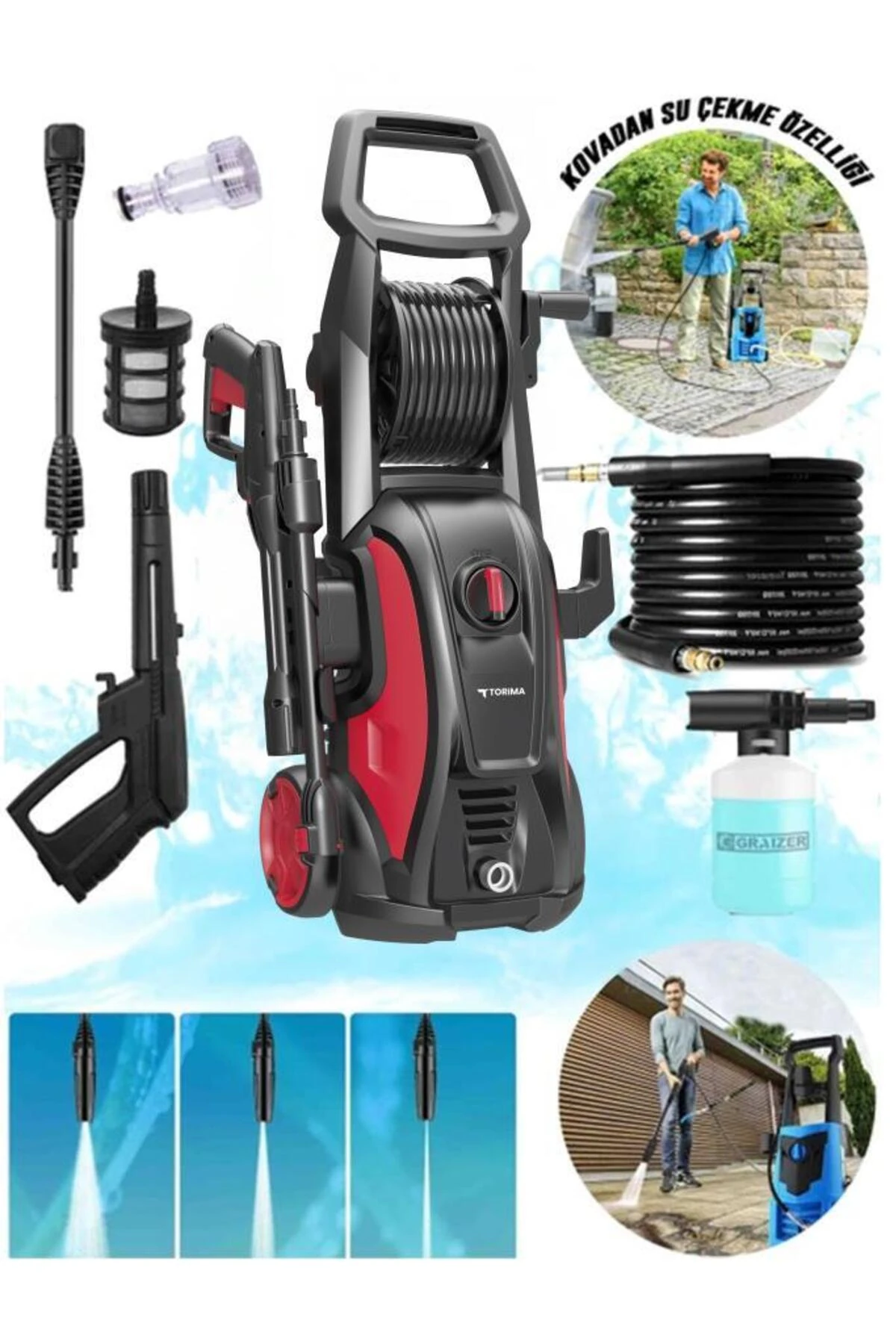 HPC-01 Kırmızı Yüksek Basınçlı Oto, Halı, Bahçe Temizleme ve Yıkama Makinesi – 2000W, 150 Bar