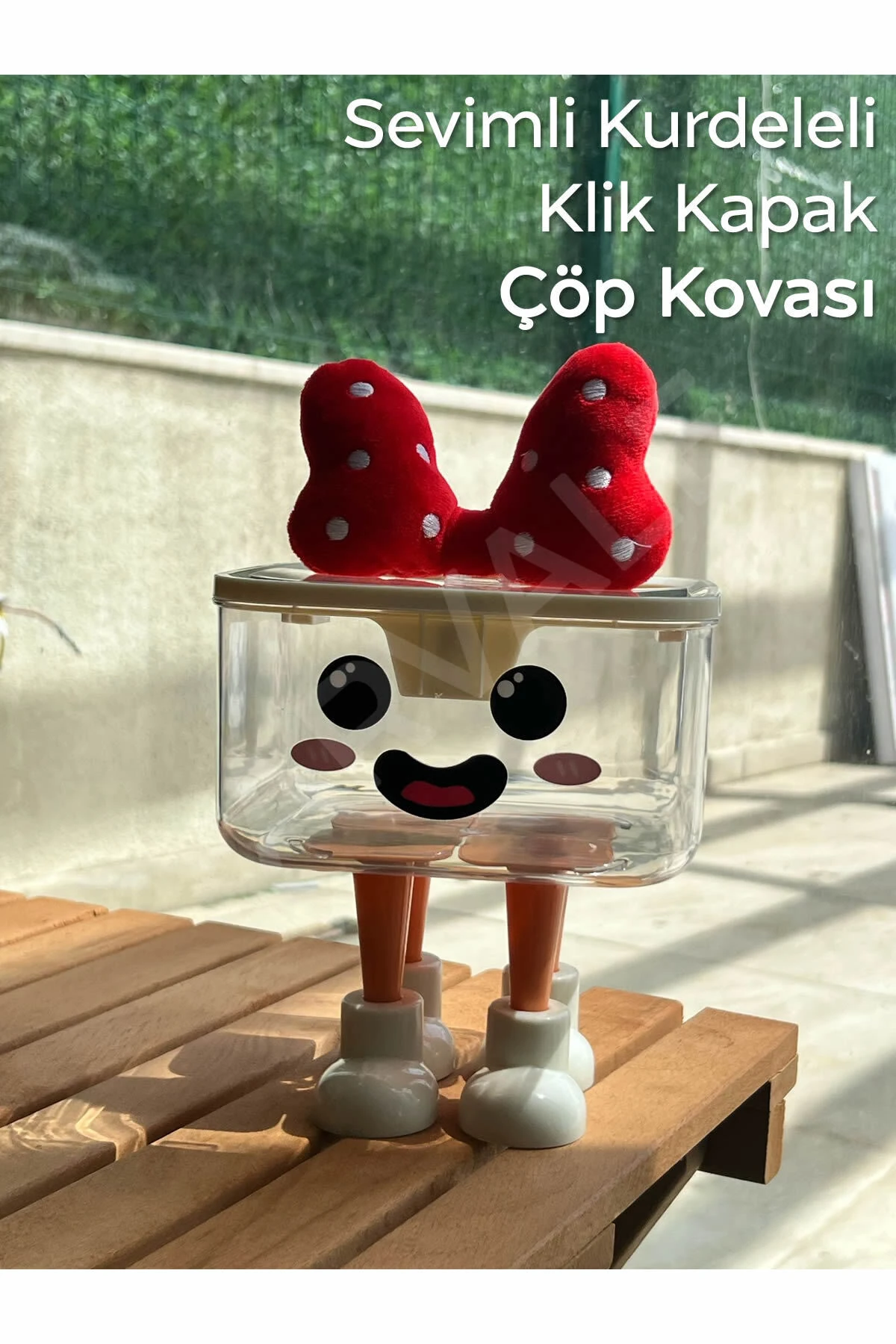 Şeffaf Sevimli Kurdeleli Klik Kapak Mini Çöp Kovası | Stickerlı 1,8 Lt