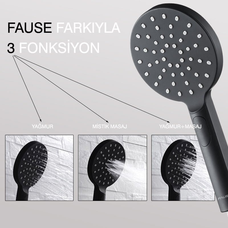 Teleskopik Kolonlu Tepe Duş Seti Robot Duş Yağmurlama 3 Fonksiyon El Başlıklı Siyah KDS121-2B
