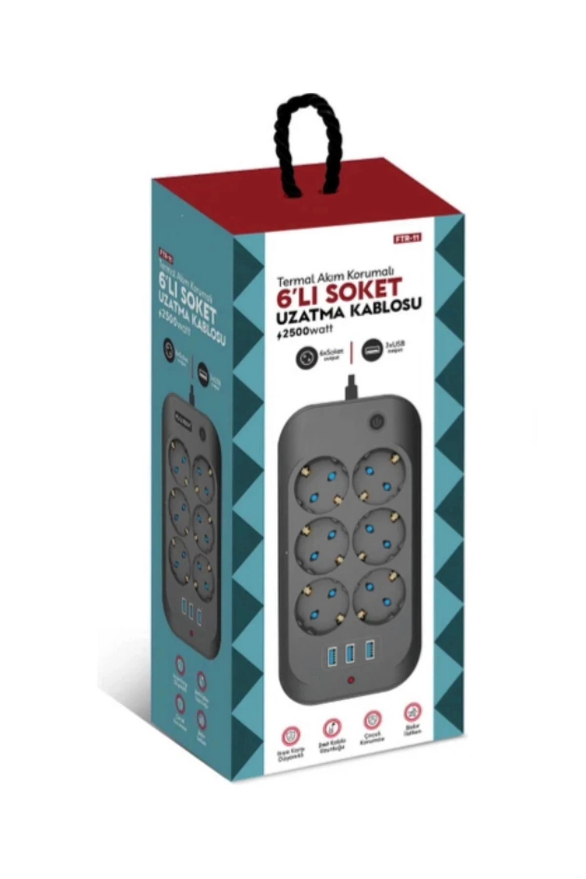 Termal Akım Korumalı, Çocuk Korumalı, 6’lı 2 Mt Uzatma Kablosu 6 X Priz, 3 X Usb