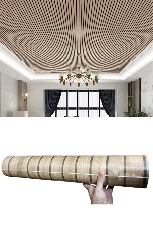 60cm x 280cm 1 Adet Yapışkanlı Açık Kahverengi Lambiri Desenli Akustik Duvar Paneli Kağıdı YG005