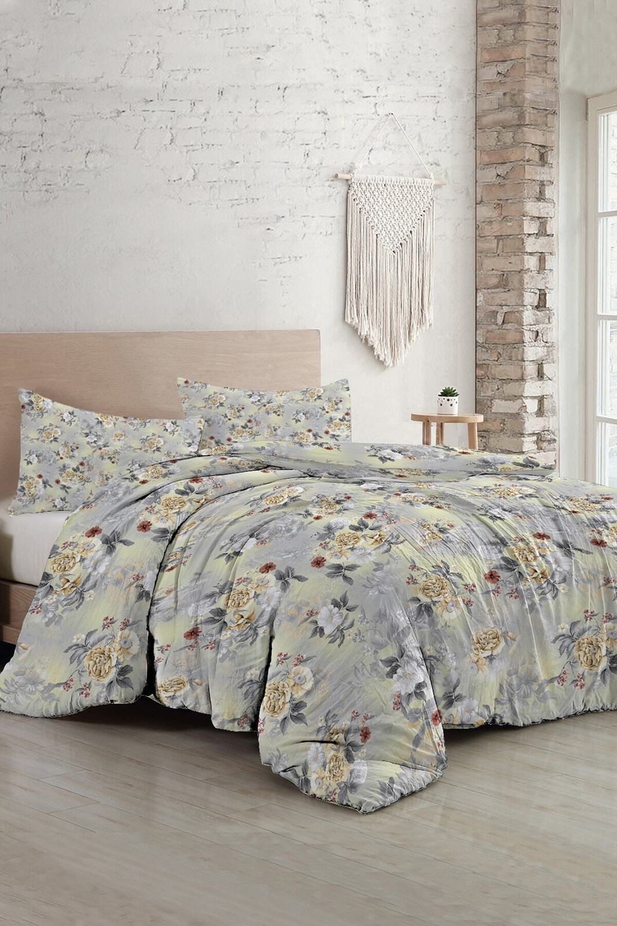 Kıng Sıze Grey Yellow Roses Luxury Çift Kişilik Pamuk Saten Nevresim Takımı 220x240cm