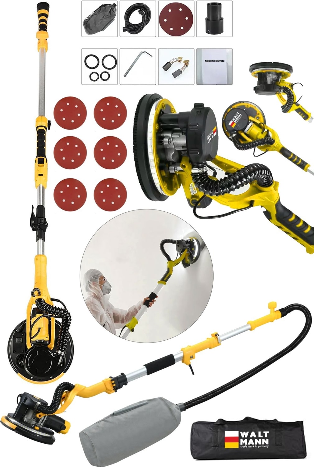 Germany 360'LEDLI 1100W Pro Alçıpan Duvar Zımpara Makinası Toz Emmeli
