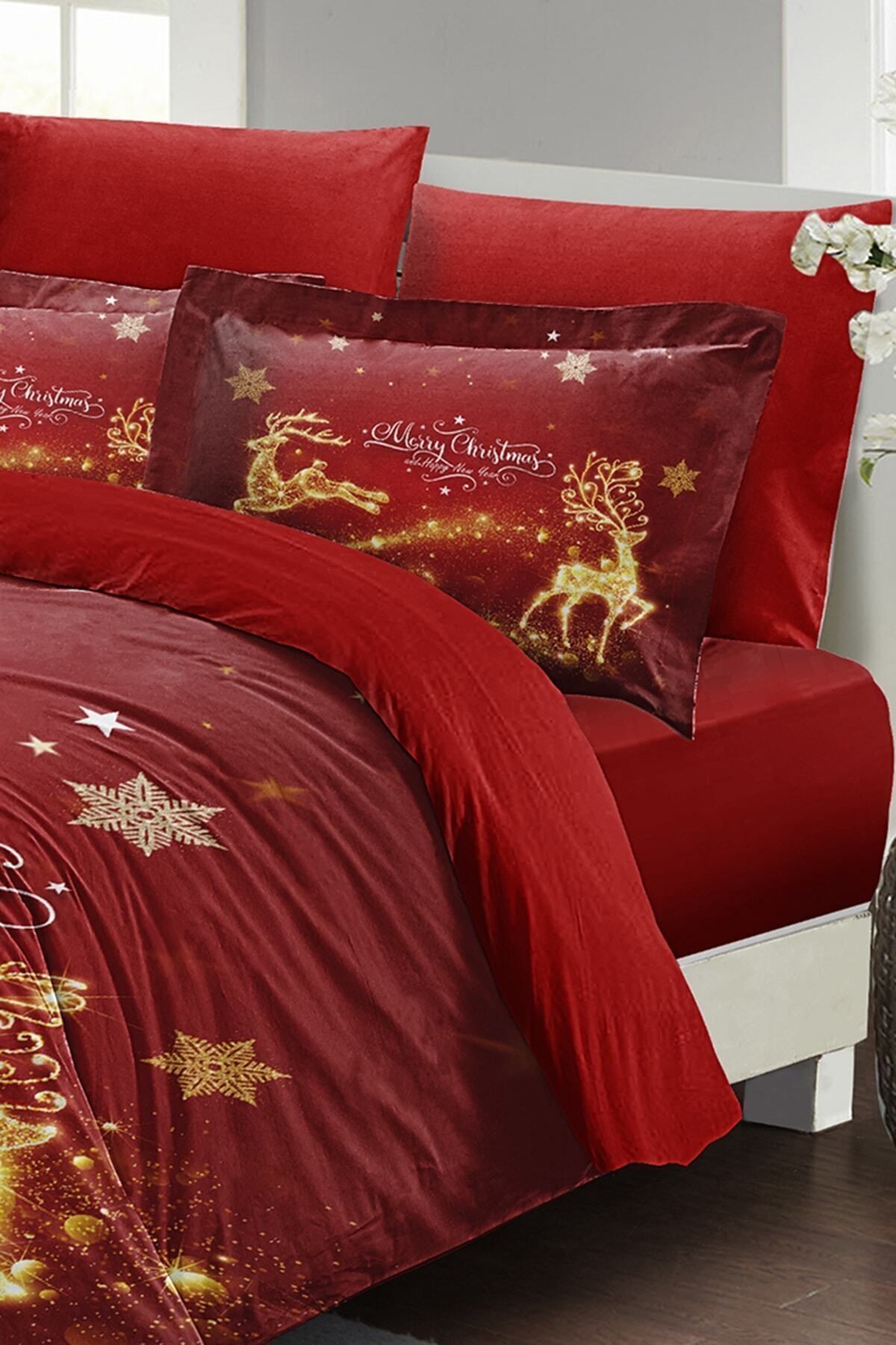 Yılbaşı Nevresim Takımı (Lastikli Çarşaflı) Çift Kişilik %100 Pamuk Saten Deers Noel