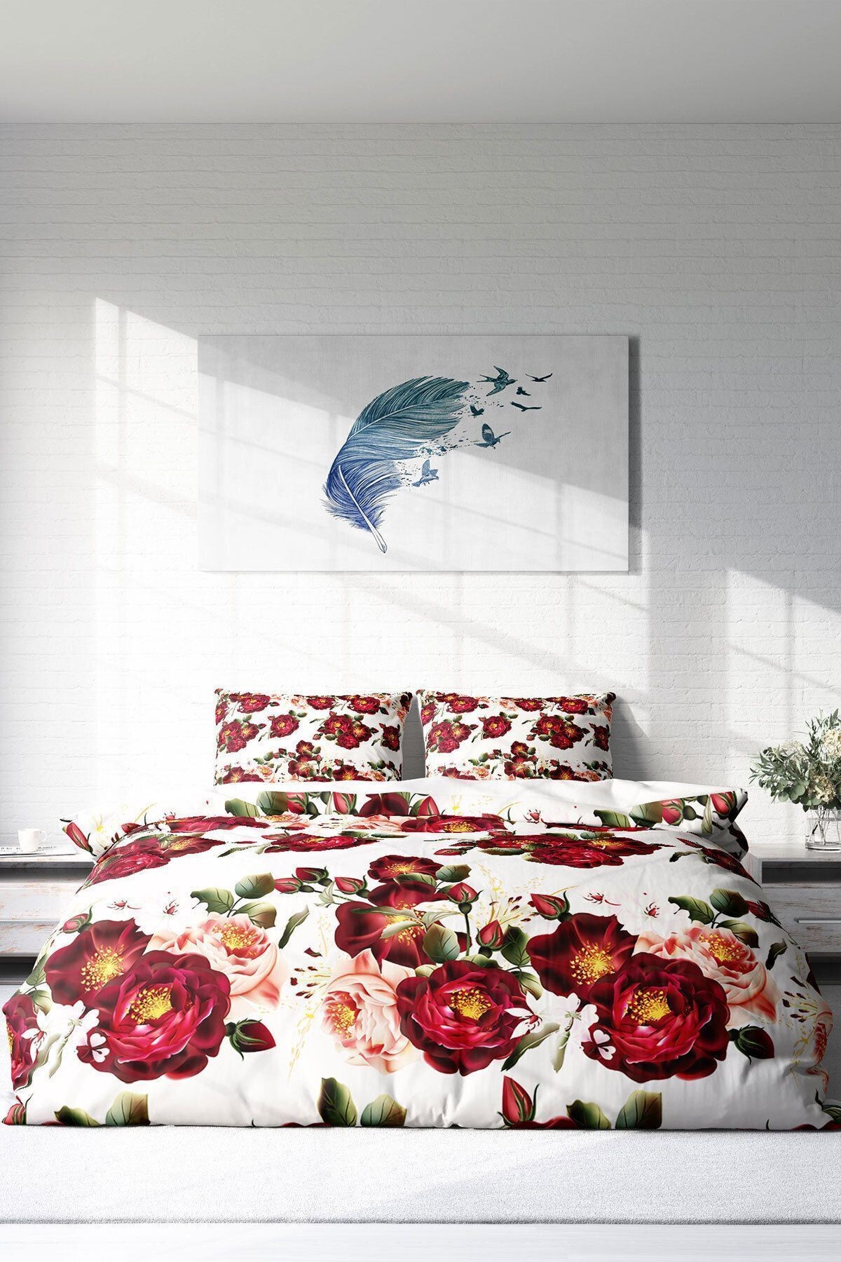 Lastikli Çarşaflı %100 Pamuk Saten Çift Kişilik Nevresim Takımı Red Rose