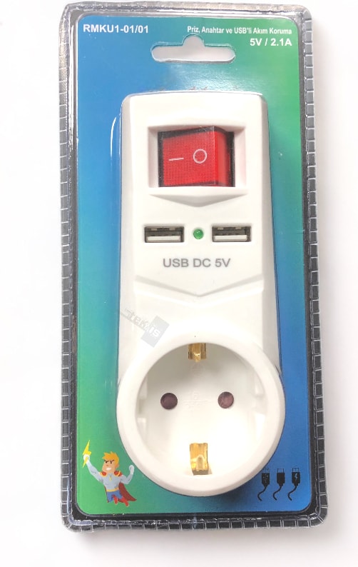 2 x USB Çıkışlı Topraklı Fiş Priz Anahtarlı Golyat Fiş 2,1 A
