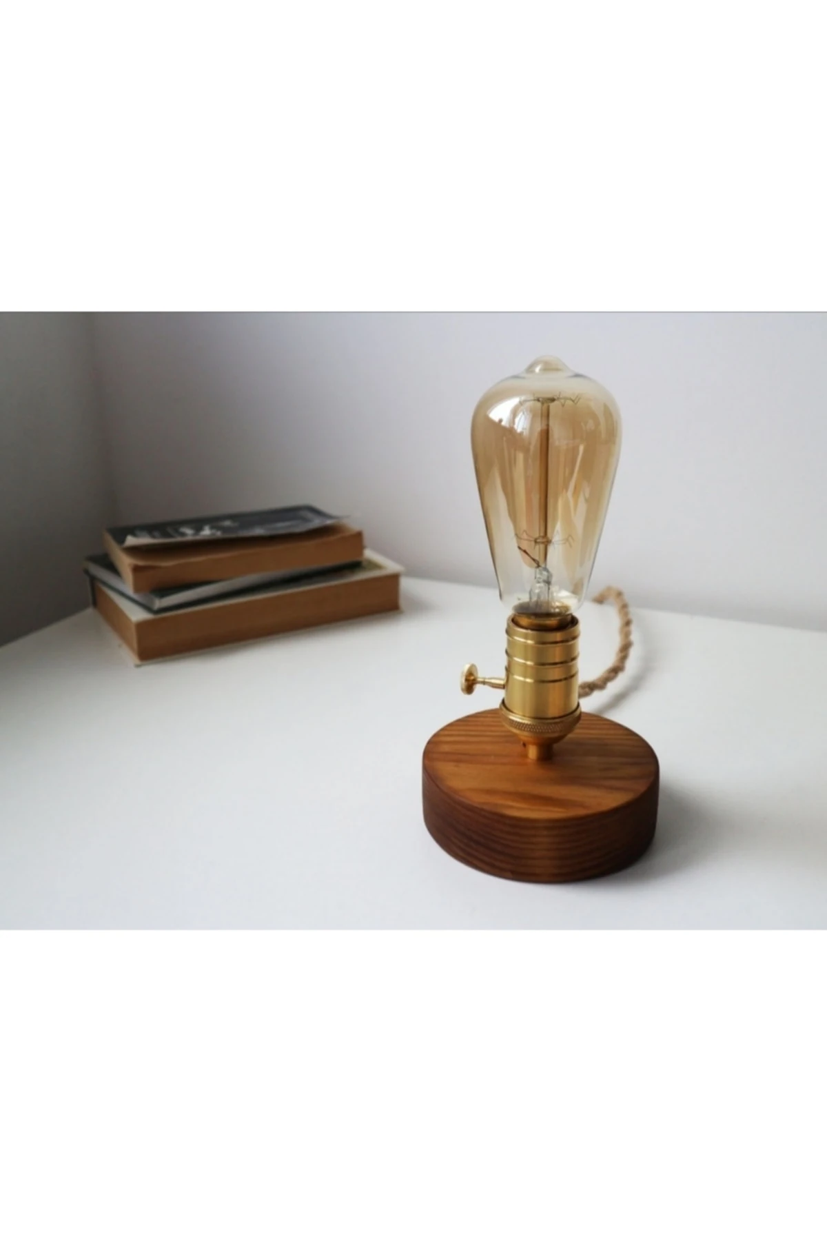 Eskitme Sarı Duylu Anahtarlı Retro Rustik Ahşap Masa Lambası - Abajur