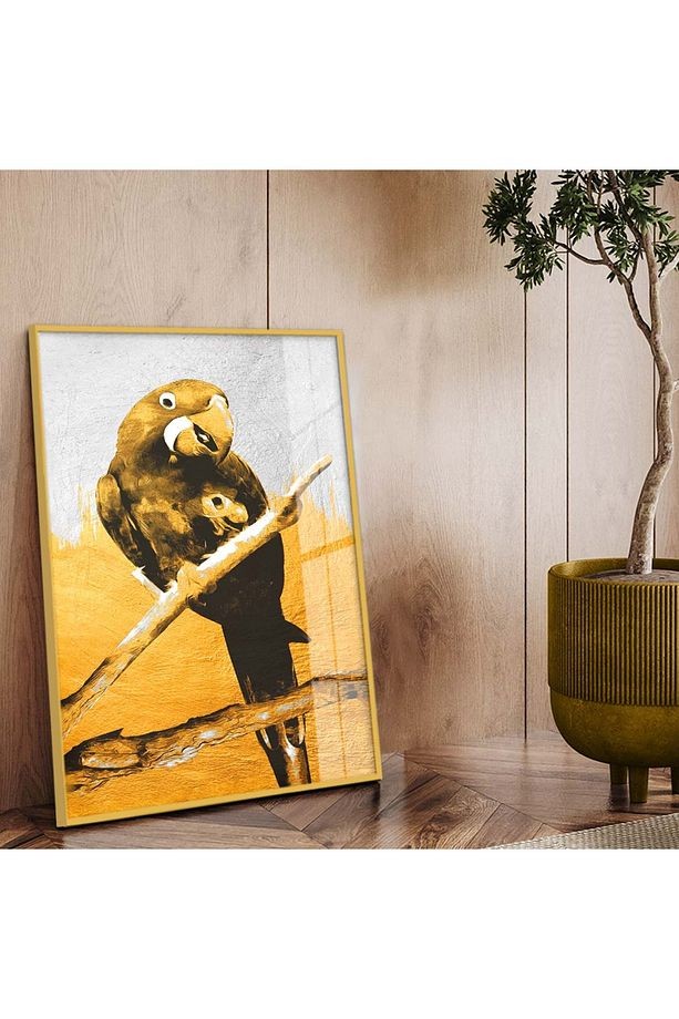 Gold Metal Çerçeveli Modern Çizim Papağan Figür Kırılmaz Cam Tablo