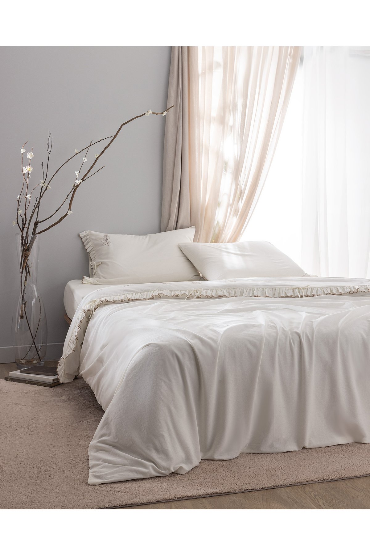 Perline King Size %100 Pamuk Fırfırlı Nevresim Takımı - Ekru/Bej