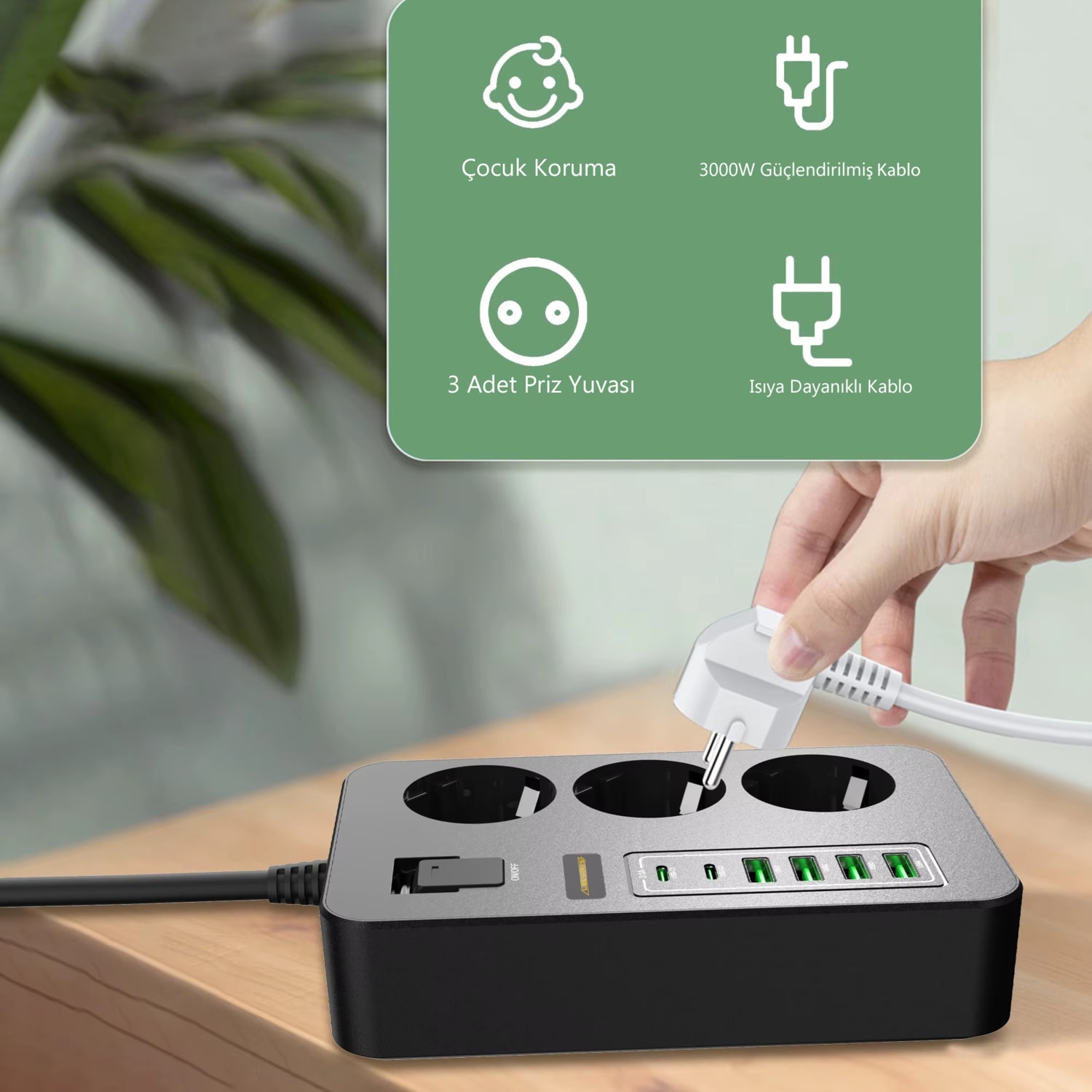 3'lü Akım Korumalı Grup Priz - Çocuk Korumalı 4usb 2 Type-C Portlu