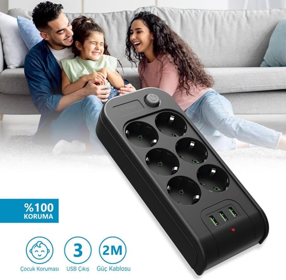 Çoklu 6'lı Priz Akım Korumalı 3xusb 3.4A 2500 Watt 2 Metre Uzatma Kablosu Anahtarlı Çocuk Korumalı