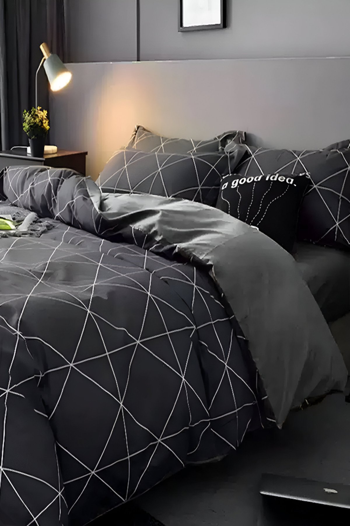 Lastikli Çarşaflı Nevresim Takımı Tek Kişilik Geometric Basic Gri