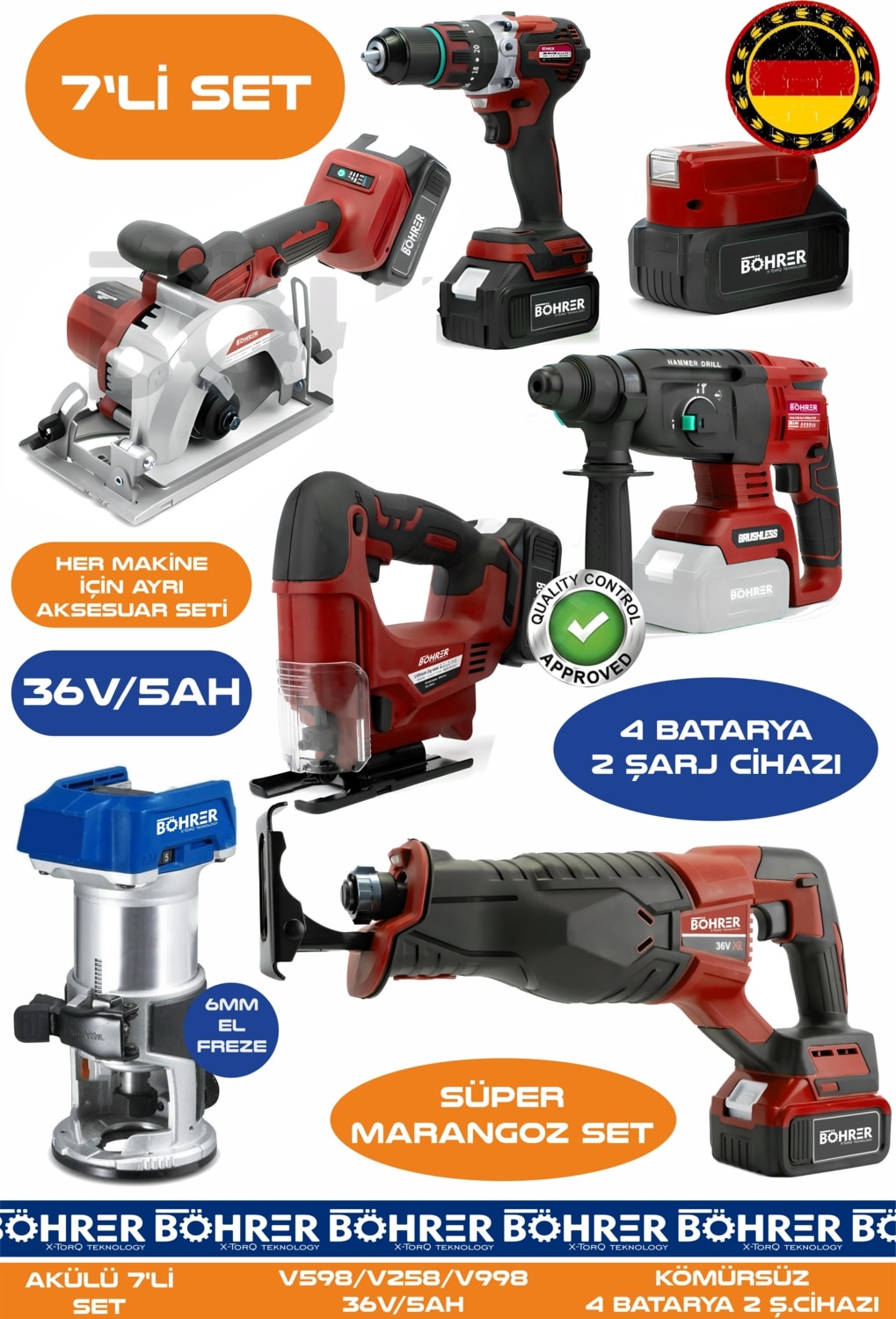 Alman BA01090K 4 Akülü 2 Şarjlı Kömürsüz V598 5AH Profesyonel 7 Makine Kombo Set - Kırmızı Red
