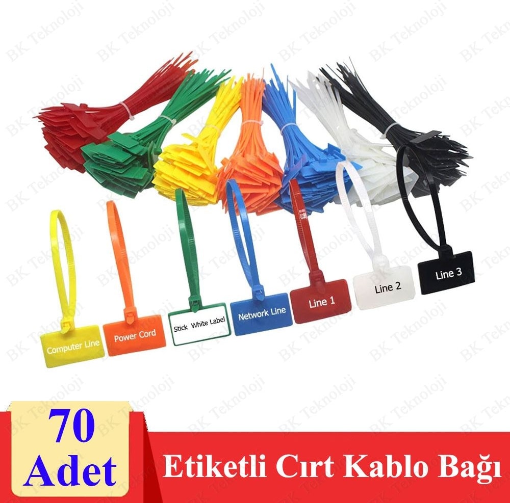 Renkli Etiketli Cırt Kablo Bağı 7 Renk 70 Adet