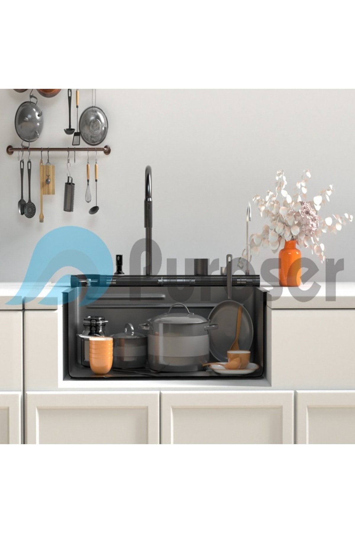 Teknolojik Mutfak Eviyesi Piyano Tuşlu Dijital Göstergeli 304 Krom Gövde Antrasit 75x45