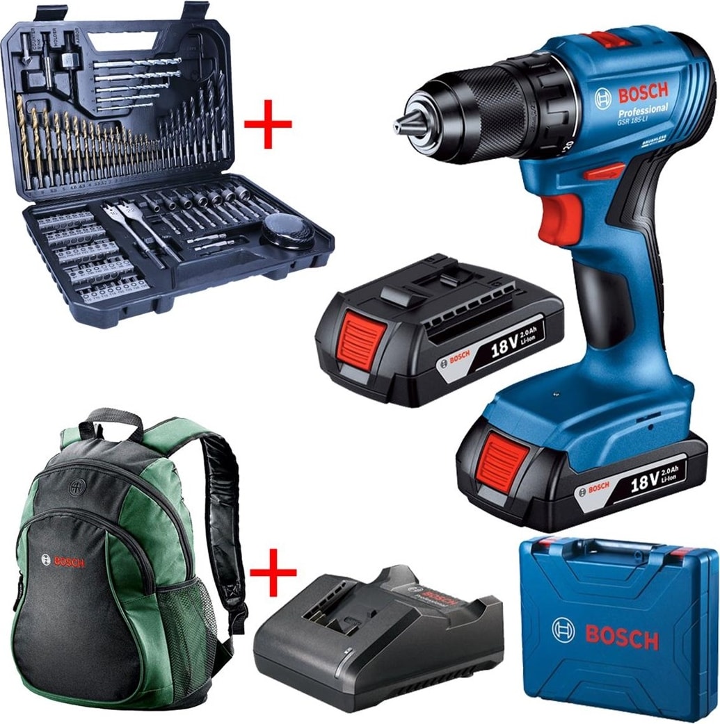 BOSCH Gsr 185 Lı Darbesiz Matkap Vidalama (Çift Bataryalı) , 103 Parça Uç Seti ve Çanta