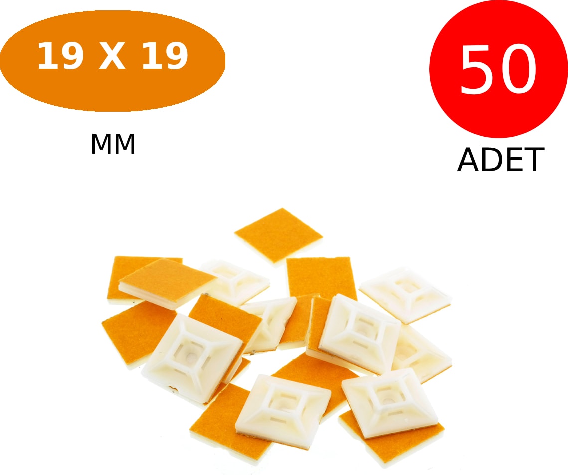 Plastik Kablo Bağı Klipsi Cırt Kelepçe Tutucu Yapışkanlı 19 x 19 mm 50 Adet