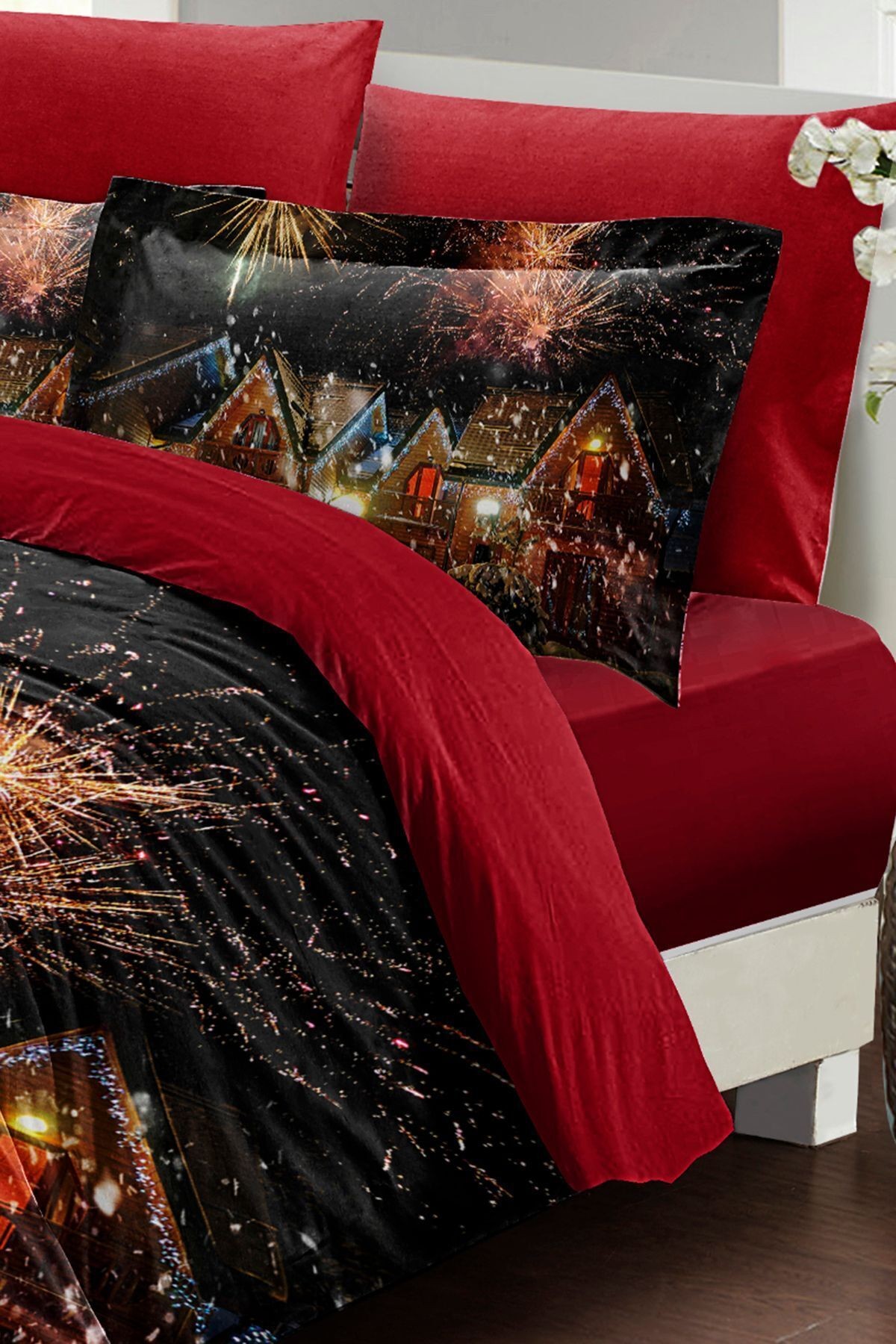 Yılbaşı Nevresim Takımı Çift Kişilik %100 Pamuk Saten Nights Houses
