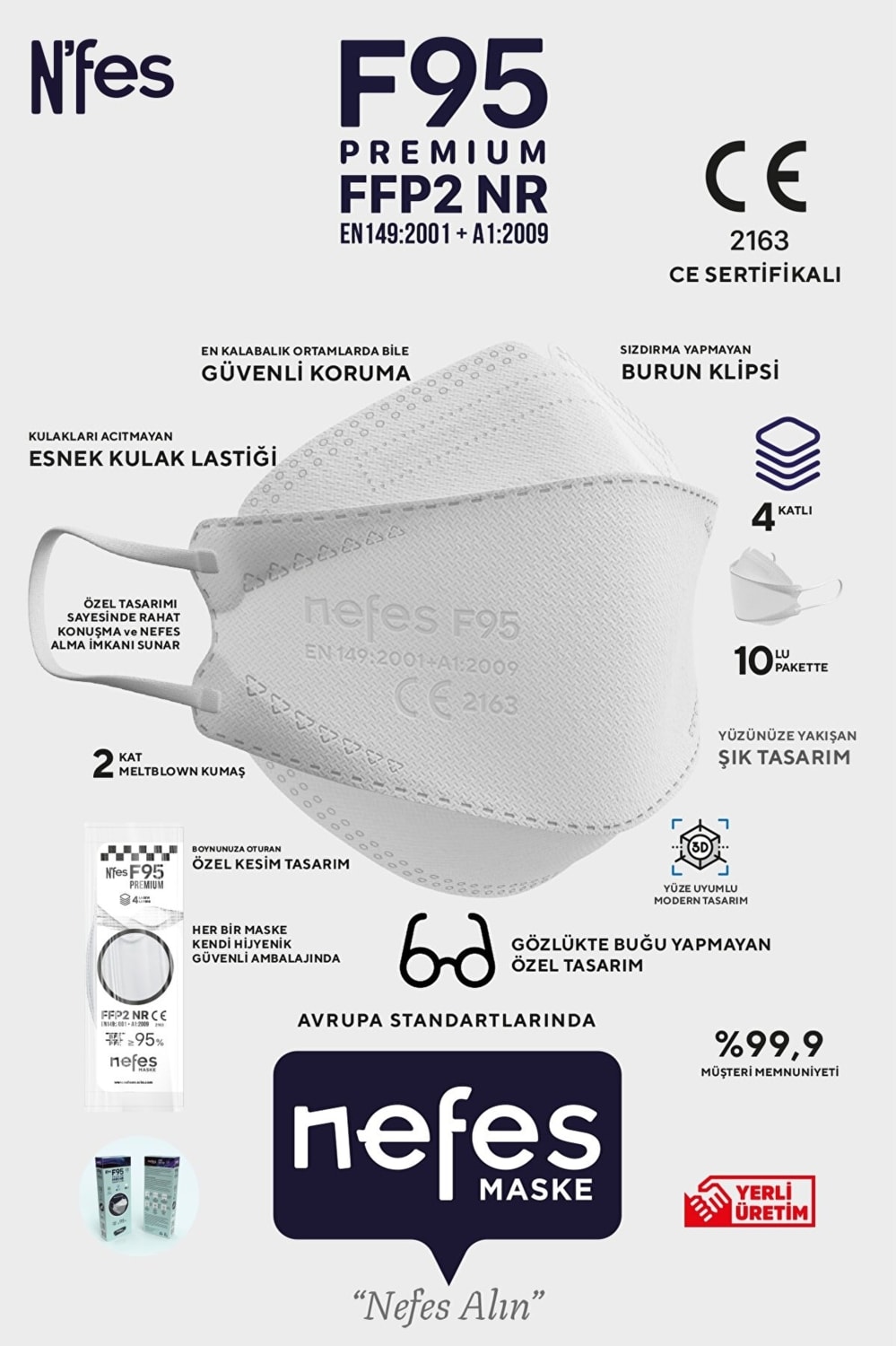 F95 / Ffp2 Premium Kore Tipi Ce-Iso Sertifikalı Tek Paketli Maske 20'li