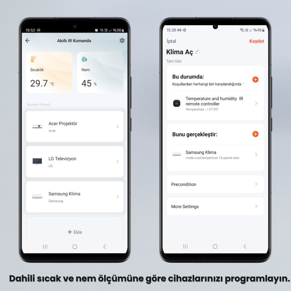 Tuya Uyumlu Dahili Sıcaklık ve Nem Sensörlü Akıllı Ir Kumanda ( Mobil Uygulama Üzerinden Klima, Tv Kontrol , Dahili Termostat Özelliği )