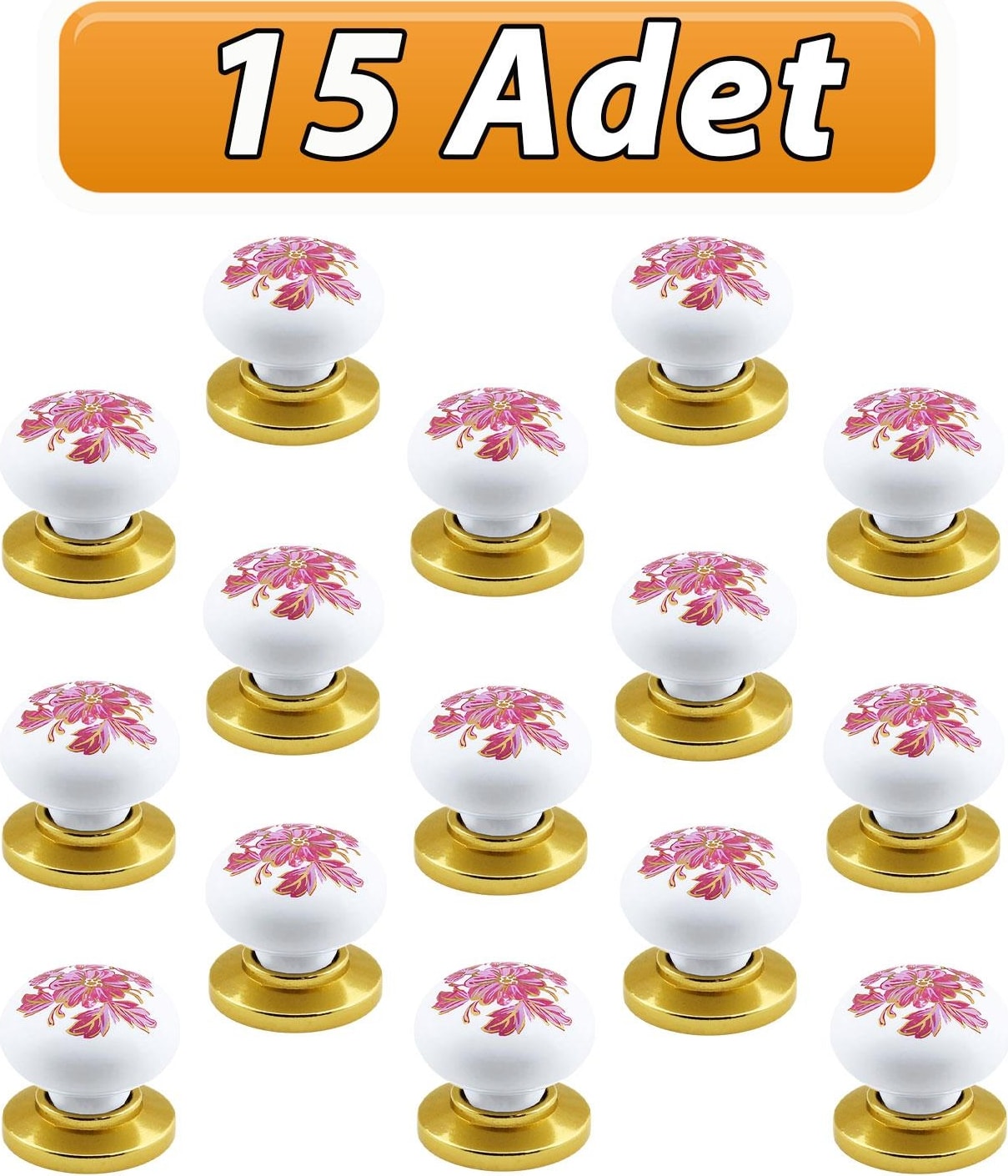 15 Adet Pembe Beyaz Ortanca Çiçek Desenli Altın Tablalı Polimer Düğme Kulp Mobilya Mutfak Dolabı Çekmece Kulpları