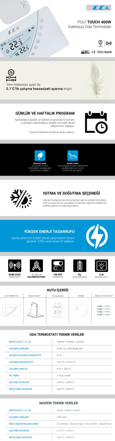 Eca Poly Touch 400W Kablosuz Oda Termostatı